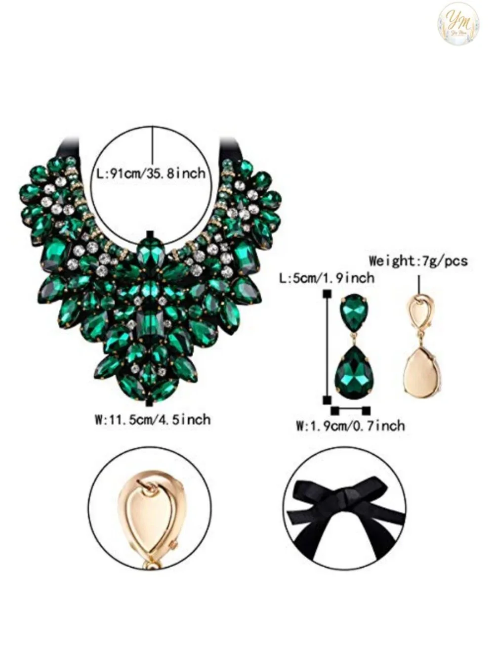 Rhinestone Crystal Statement Necklace Earrings Set with Gift Box, Adjustable